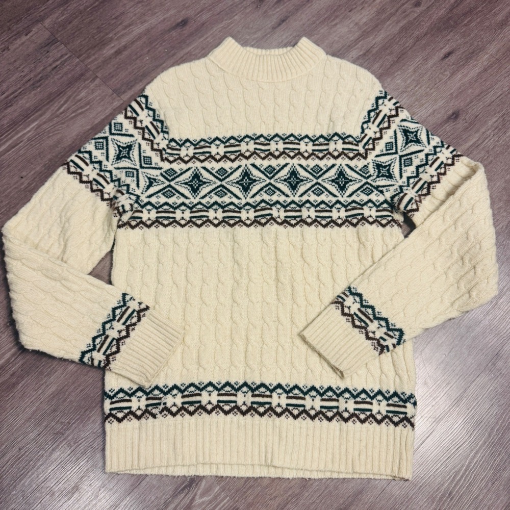 Vintage Lord Jeff Fair Isle Cable Knit Sweater Mens XL Cream Green Wintuk  USA